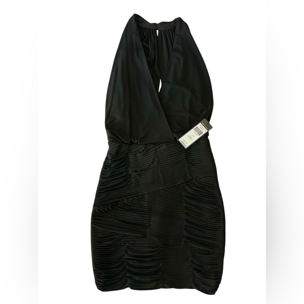 BCBGMaxazria Jocelyn Black Shirt Dress Plunge V Neck Back Pleated Sexy Small
